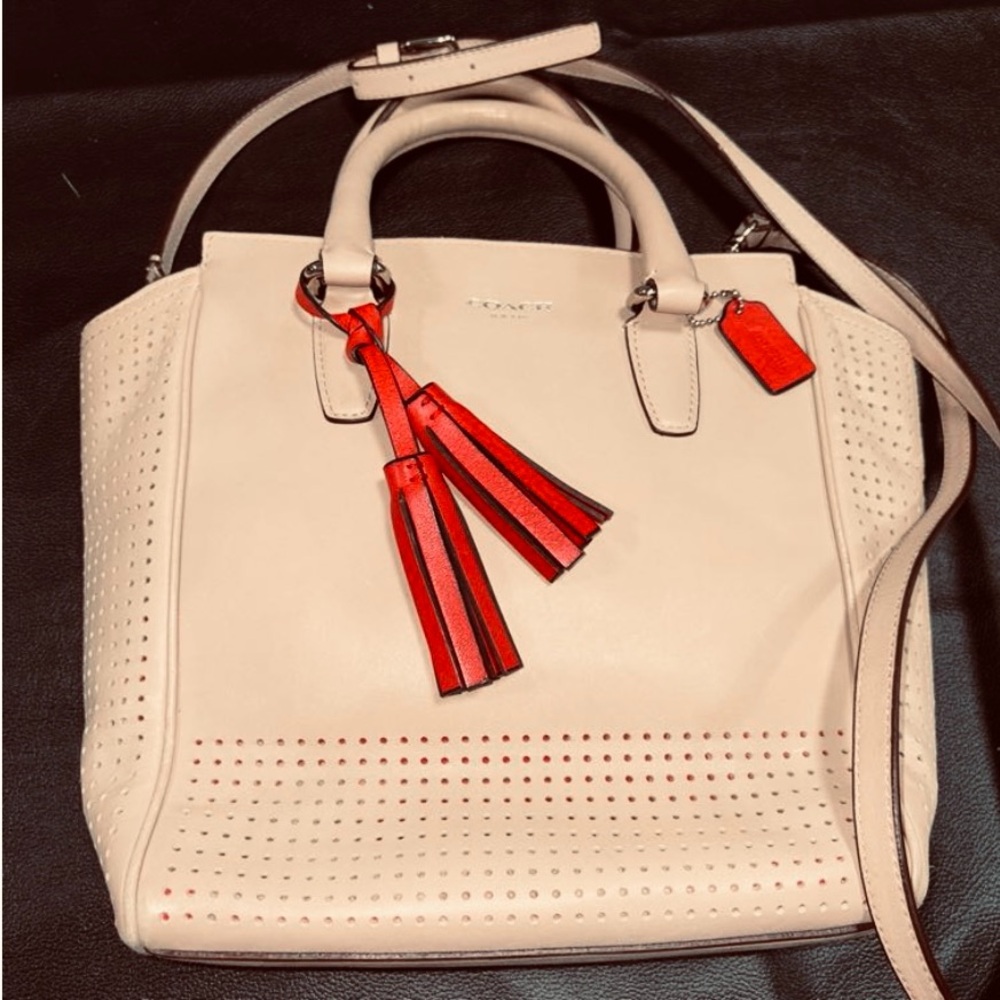 Coach Cream and Red Tote Satchel Crossbody or purse with Perforated Design